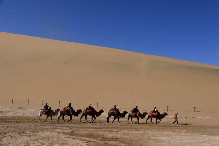 游客在甘肅省敦煌市鳴沙山月牙泉景區游覽。張曉亮攝