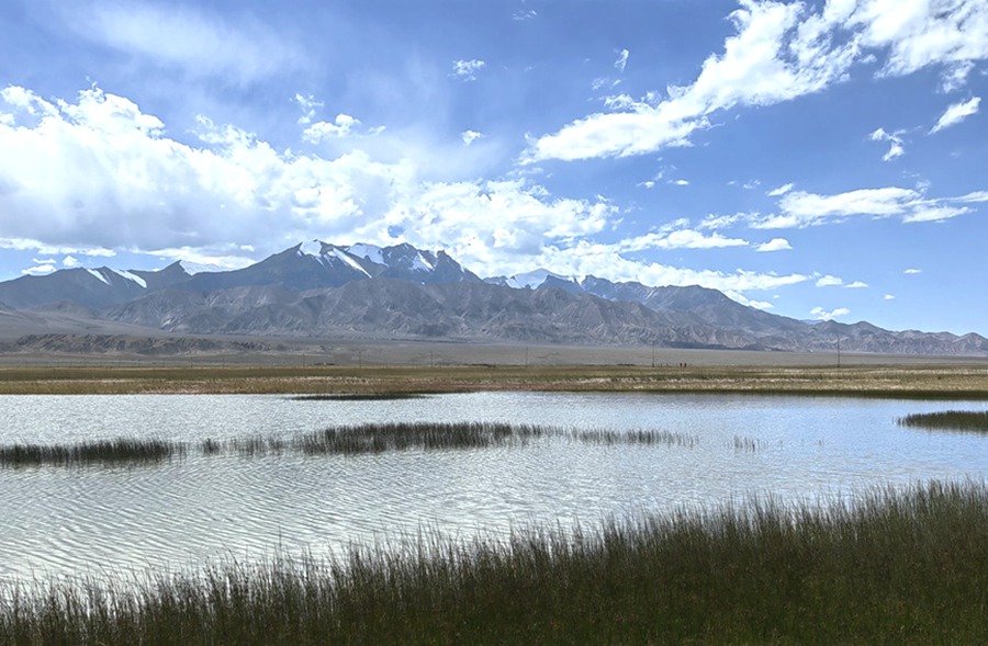 祁連山下，鹽池灣濕地美景如畫。肅北縣委宣傳部供圖