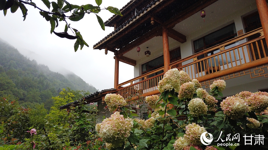 民宿隱于花海之中。人民網記者 邵蘭攝