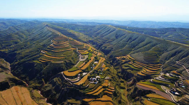 無人機俯拍韋營鄉梯田。榆中縣委宣傳部供圖
